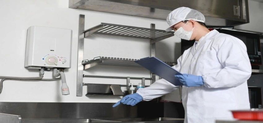 Food safety professional monitoring hygiene controls in a commercial kitchen to prevent HACCP audit failures