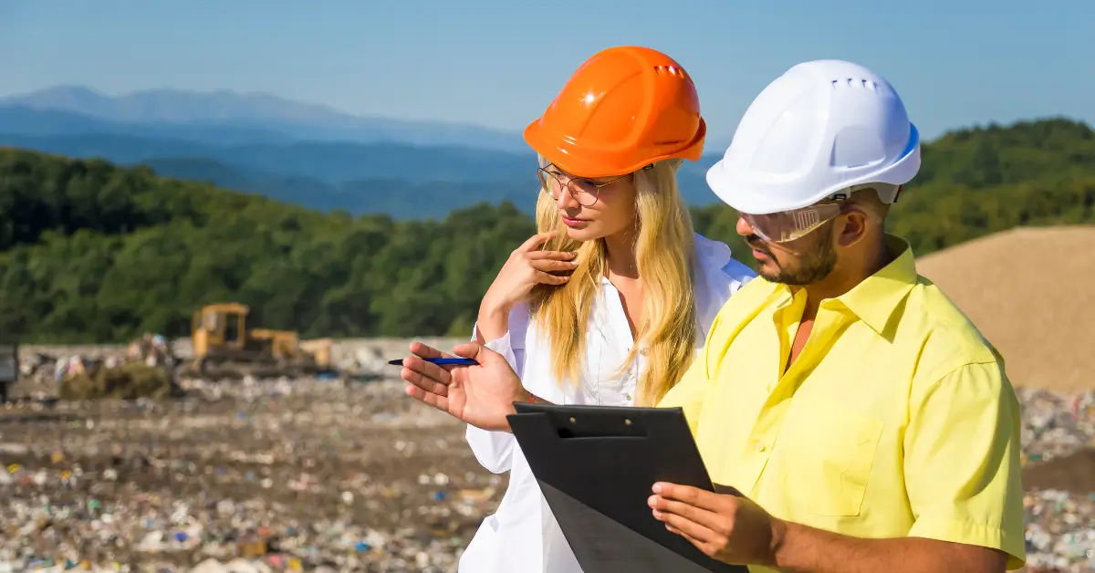 Environmental consultants wearing safety helmets conducting a site inspection at a landfill with a clipboard, discussing ISO 14001 compliance in Qatar.