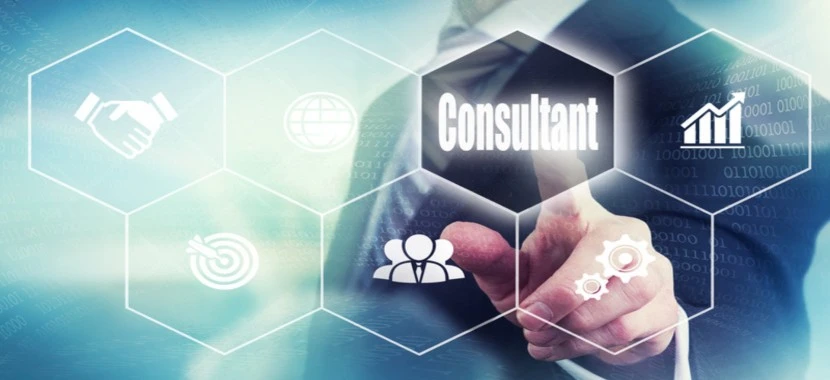 Quality management consultant pointing at digital interface with icons for strategy, growth, and business support.