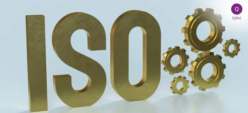 Golden ISO letters with gears symbolizing certification consultancy by Qdot