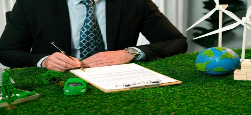 Businessman signing ISO 14001 Certification documents with eco-friendly models, wind turbines, and globe symbolizing environmental management in Qatar.