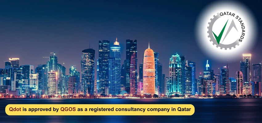 Qatar skyline with QGOS logo highlighting Qdot as a QGOS-approved ISO consultancy company in Qatar