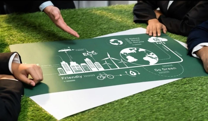 Business team discussing environmental management strategy with renewable energy and sustainability icons, supporting ISO 14001 in Qatar.