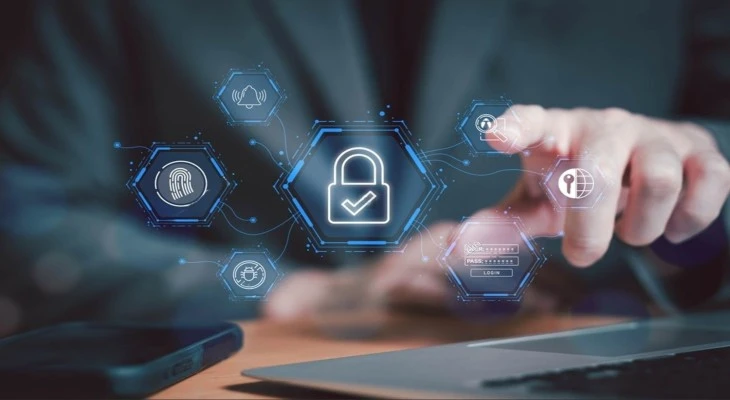 Digital data protection and cybersecurity concept representing ISO 27001:2022 updates in Qatar.