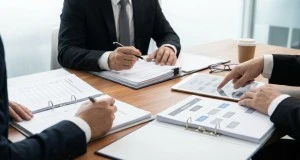 Professionals reviewing tender documents and audit checklists during a quality management evaluation 